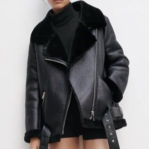 Zara Double faced faux fleece lined Moto jacket